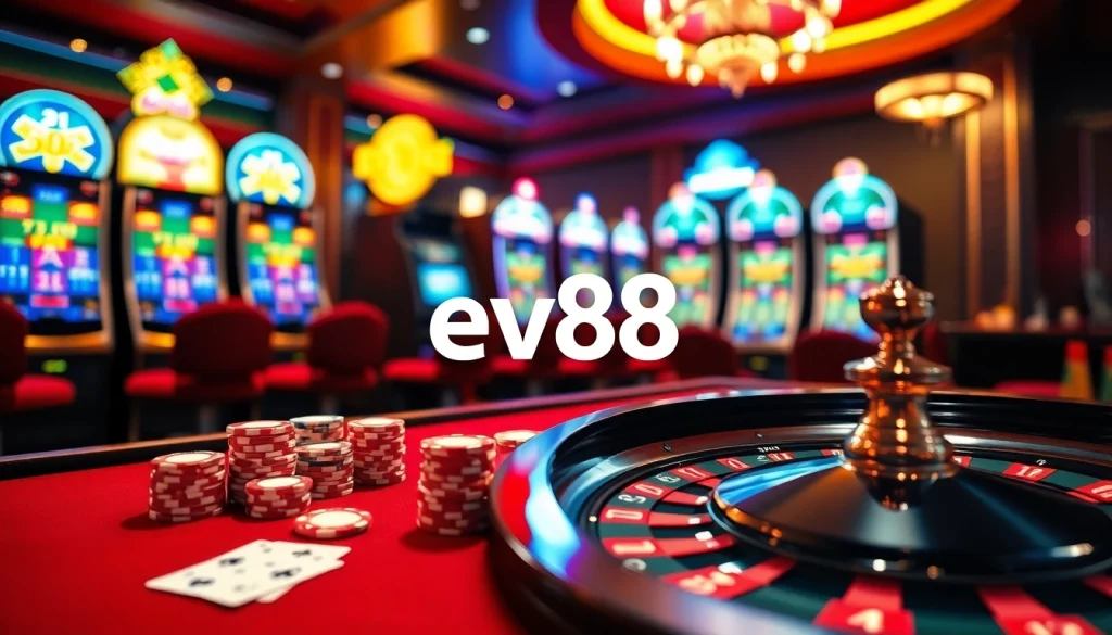 Tải app ev88 integrated within a luxurious casino environment featuring vibrant tables and games.