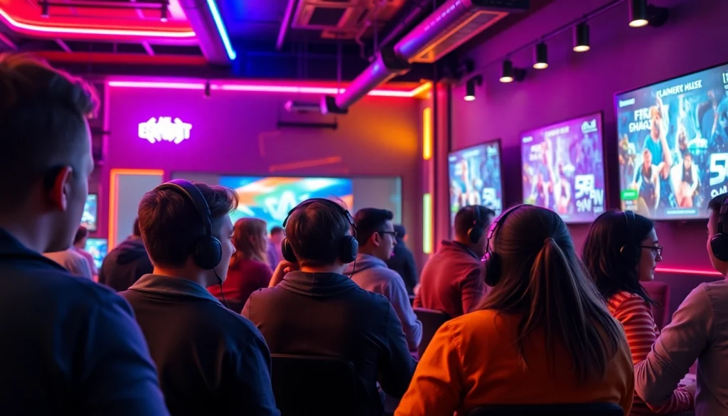 Engaging gamers discussing the latest gaming news at an esports café.