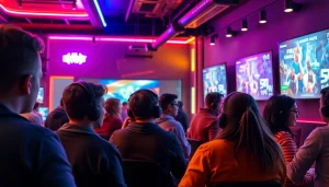 Engaging gamers discussing the latest gaming news at an esports café.