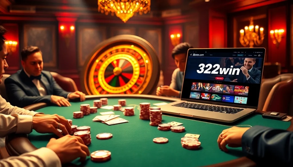 Players strategizing at the poker table while engaging with the 32win.com online interface.