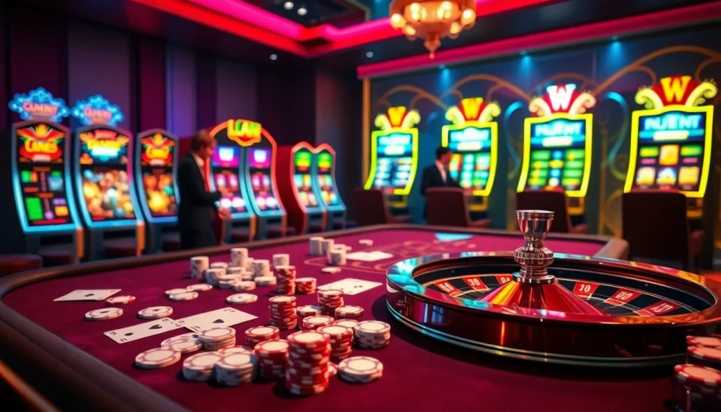 Engage in thrilling gameplay at Luckywin's luxurious casino table with vibrant poker chips and roulette.