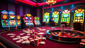 Engage in thrilling gameplay at Luckywin's luxurious casino table with vibrant poker chips and roulette.