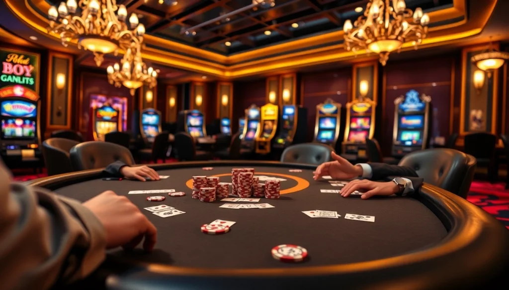PHSKY engages players at a luxury poker table in a vibrant casino atmosphere.