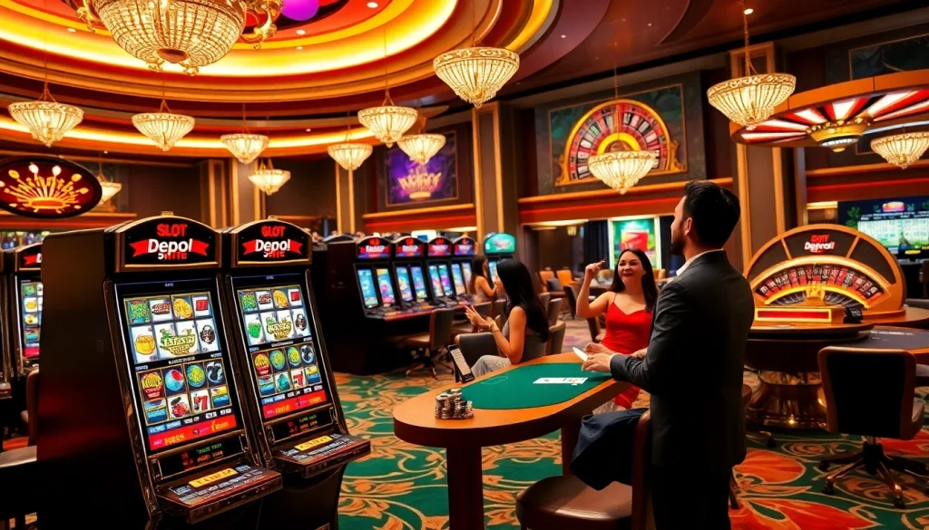Experience thrilling gameplay at slot depo 5rb with vibrant slot machines and enthusiastic players.