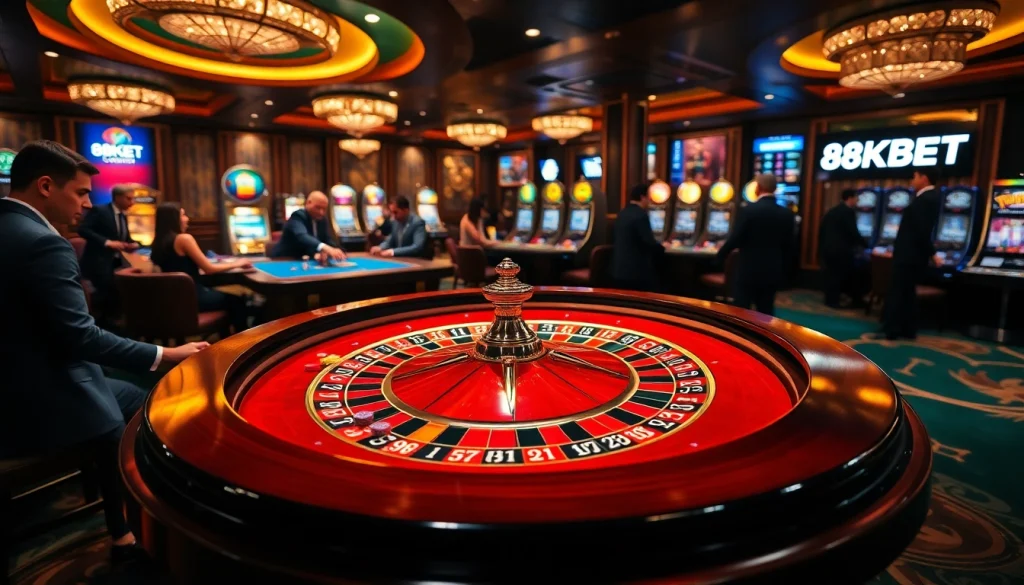 Experience the excitement of 8KBET with vibrant casino scenes featuring roulette, poker, and slot machines.