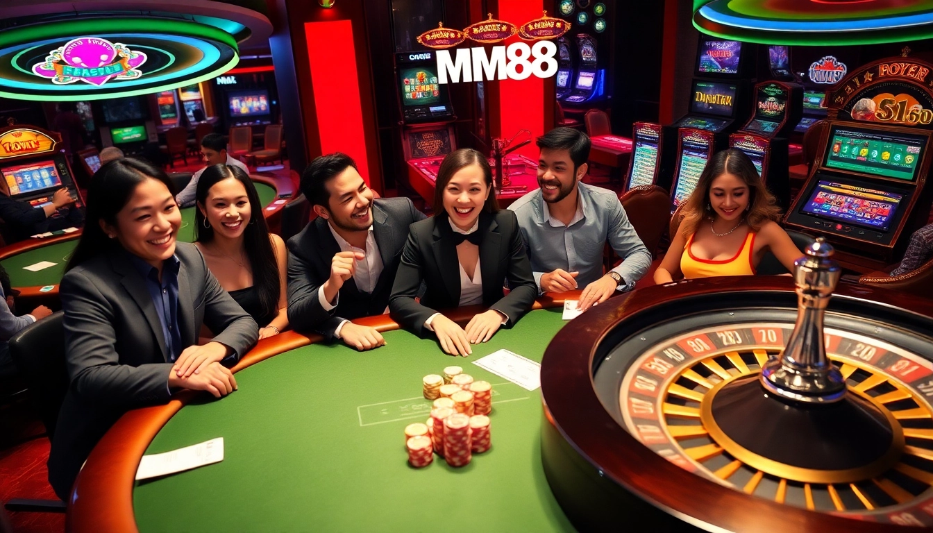 Players enjoying a vibrant MM 88 casino experience at a poker table with colorful chips.