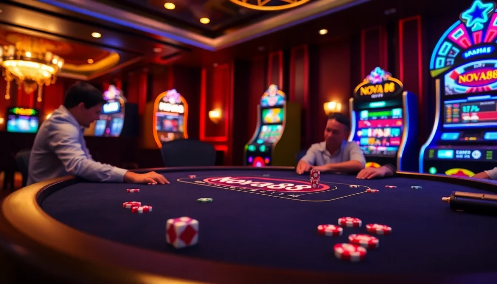 Nova88 poker game in an upscale casino with vibrant lights and colorful chips.
