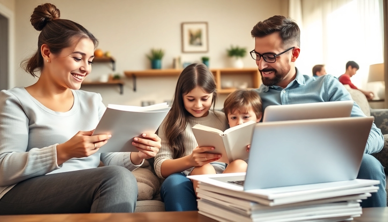Family depicting auto and home protection plans in a warm living room setting.