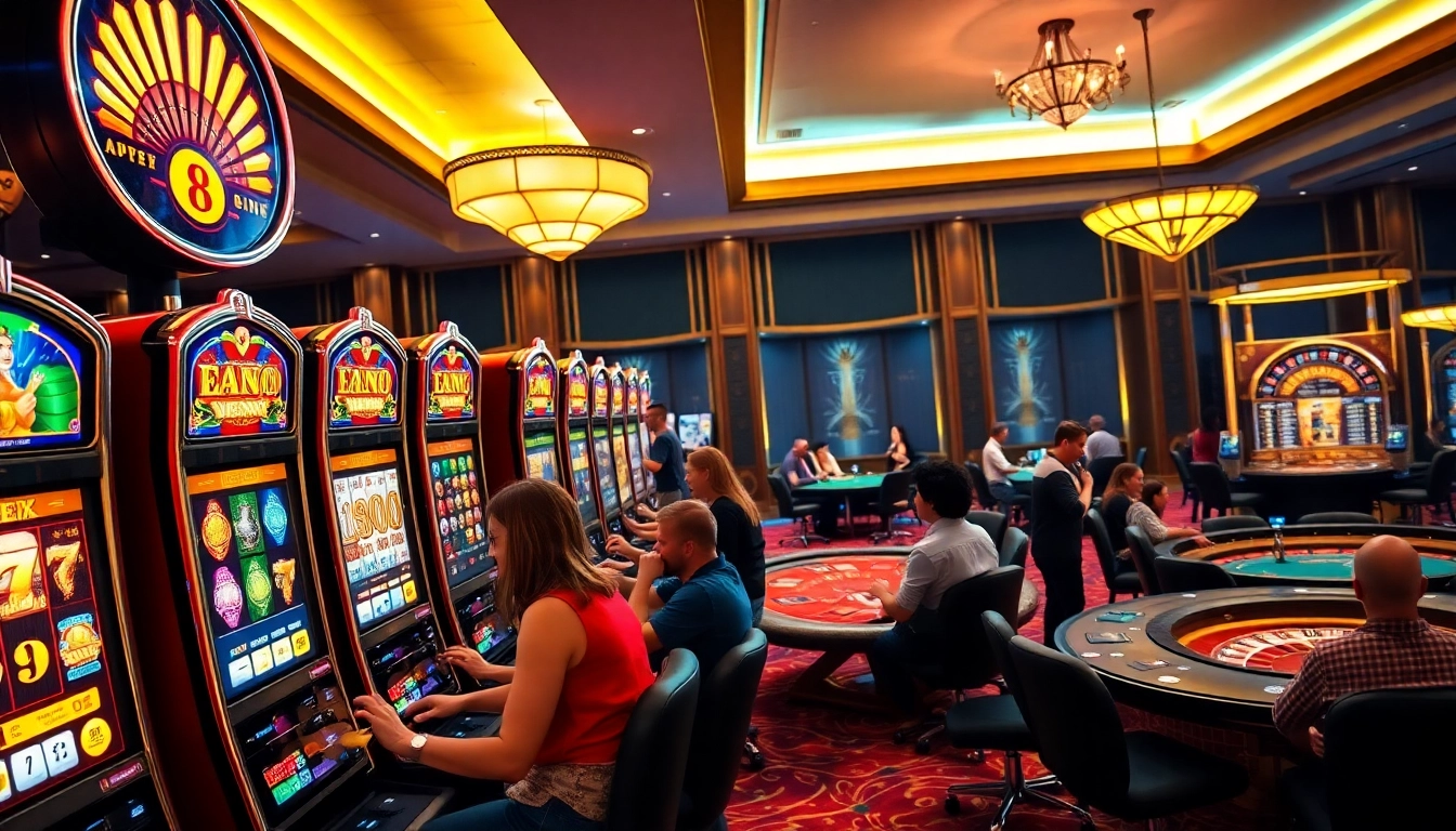 Players spinning slot machines in a vibrant casino atmosphere filled with excitement.