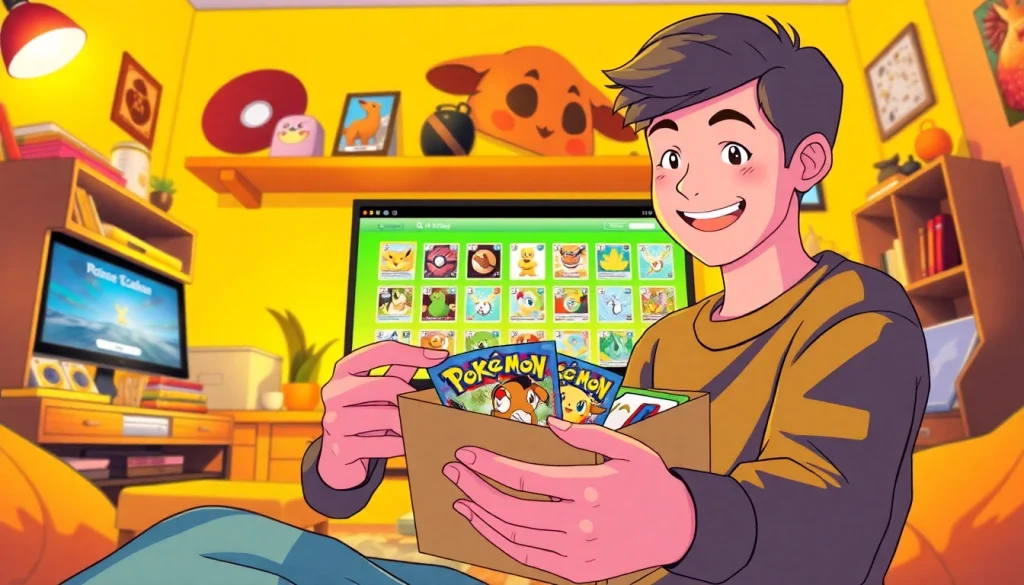 居心地の良い環境でプレイヤーがポケモンカードを開封し、Onlineオリパおすすめの興奮を体感している様子。