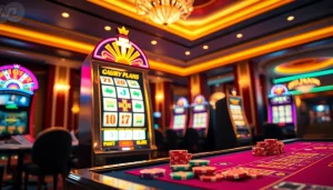 Menangkan permainan slot depo 1k dengan mesin slot yang menyala dan suasana kasino glamor.