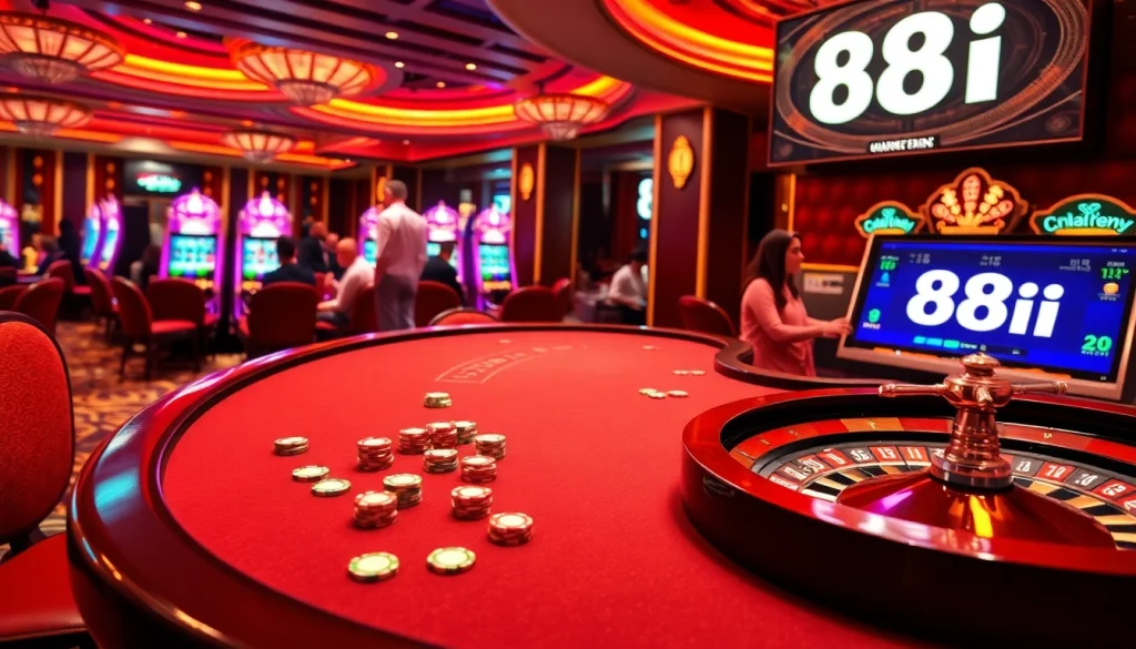 Players engaging in high-stakes poker at a luxurious casino table themed around 88i, highlighting excitement and strategy.