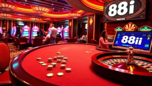 Players engaging in high-stakes poker at a luxurious casino table themed around 88i, highlighting excitement and strategy.