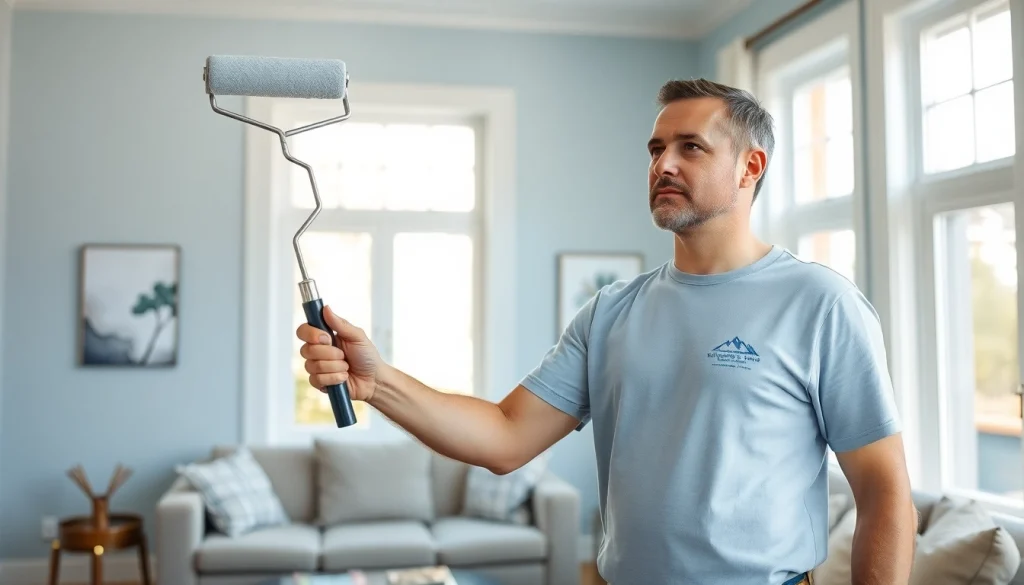 Painters expertly applying soft blue paint in a cozy living room setting.