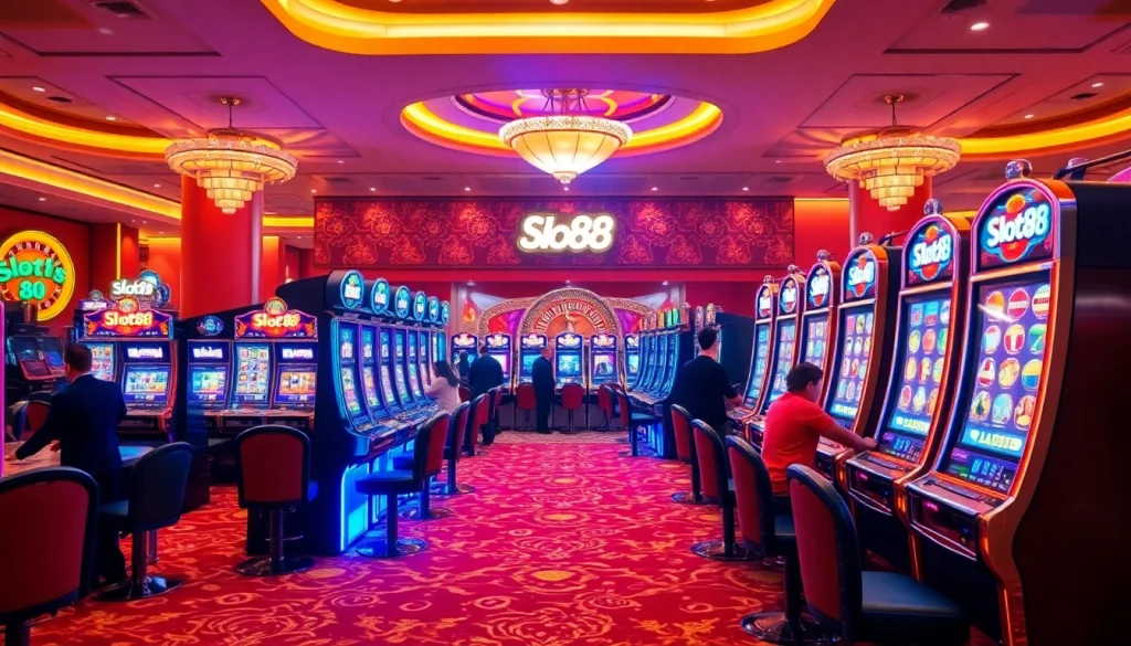 Players enjoying the excitement of slot88 machines in a luxury casino environment.