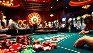 Excited players engaging at a casino table with S8 poker chips in a vibrant gaming atmosphere.