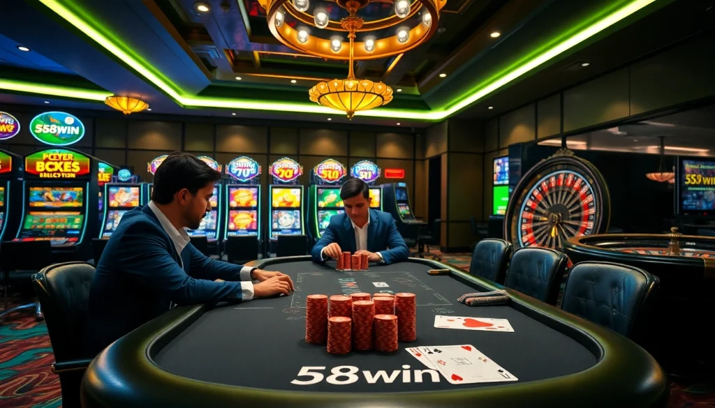 Experienced players engage in high-stakes poker at 58win's luxurious casino tables.