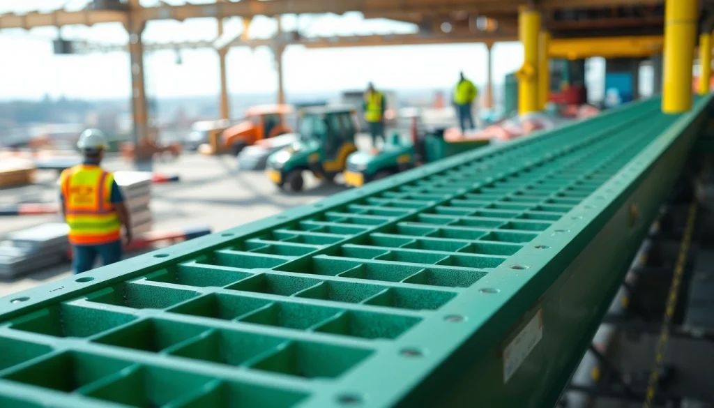 Showcase of a GRP Grating Supplier highlighting durable fiberglass at a construction site.