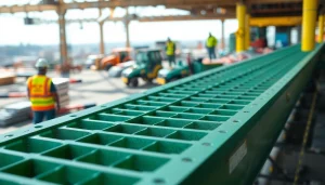 Showcase of a GRP Grating Supplier highlighting durable fiberglass at a construction site.