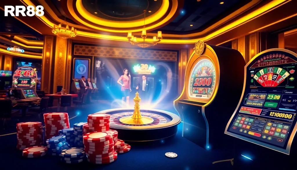 Experience RR88 with a vibrant online gambling scene featuring engaging casino elements.