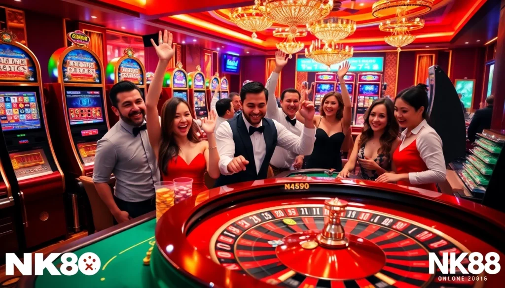 Players enjoying a thrilling casino experience at NK88 with vibrant slot machines and poker tables.