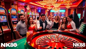 Players enjoying a thrilling casino experience at NK88 with vibrant slot machines and poker tables.