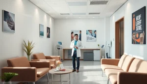 名古屋の包茎手術クリニックの内装。医療専門家が患者をカウンセリングしている様子で、信頼と配慮を伝える。