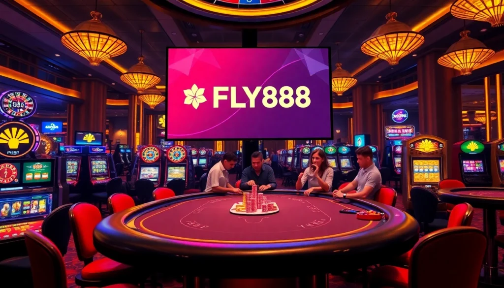 Gamblers enjoy high-stakes poker at FLY88 casino, showcasing vibrant tables and exciting gameplay.
