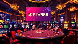 Gamblers enjoy high-stakes poker at FLY88 casino, showcasing vibrant tables and exciting gameplay.