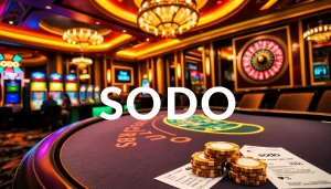 SODO Casino's vibrant gaming atmosphere with players engaged at a roulette wheel and blackjack table.