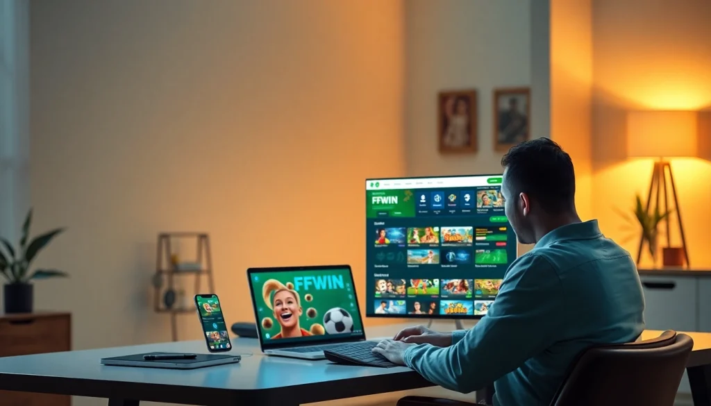 FFWIN online betting platform interface showcased on a modern digital device in a home office setting.