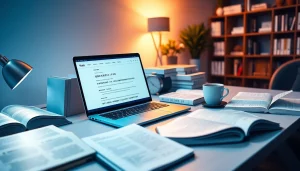 Youdao translation workspace showcasing modern learning tools with books, laptop, and ambient lighting