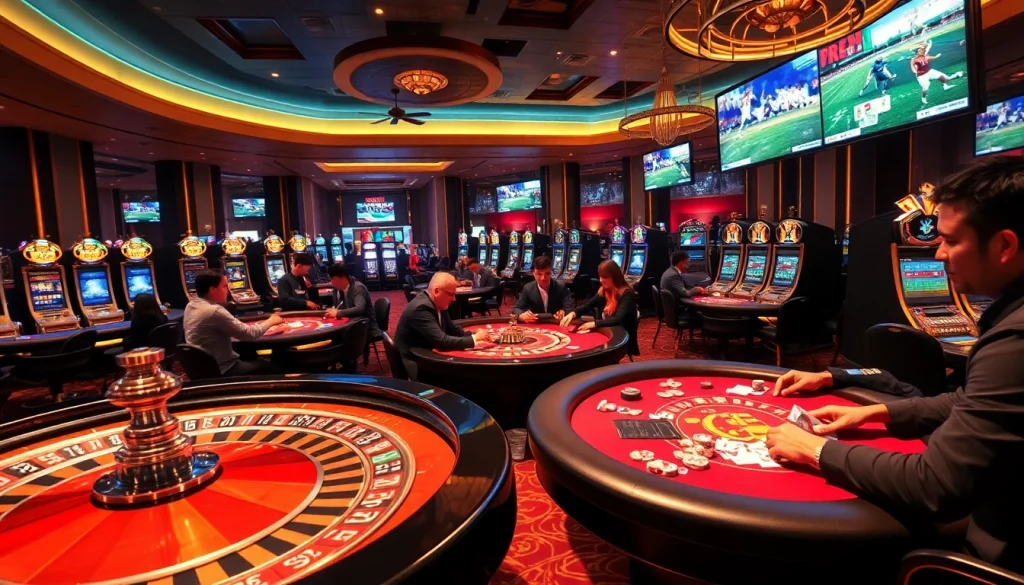 Socolive captures the thrill of a dynamic casino scene with engaged players, luxurious tables, and vibrant sports displays.