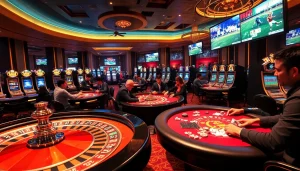 Socolive captures the thrill of a dynamic casino scene with engaged players, luxurious tables, and vibrant sports displays.