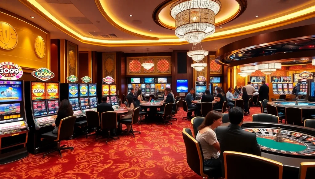 Gamblers enjoying thrilling games at the luxurious GO99 casino.