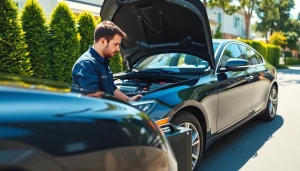 Mobile car repair service with a mechanic inspecting a car on a sunny street.