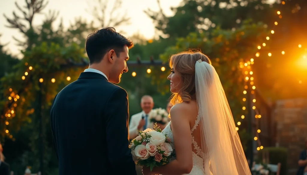 Wedding photographer capturing a beautiful outdoor ceremony under warm sunset lights.