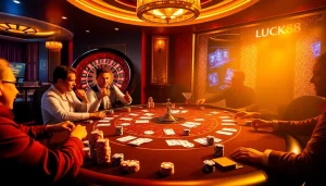 LUCK8 players engaging at a poker table in a luxurious casino atmosphere, emphasizing excitement and professionalism.