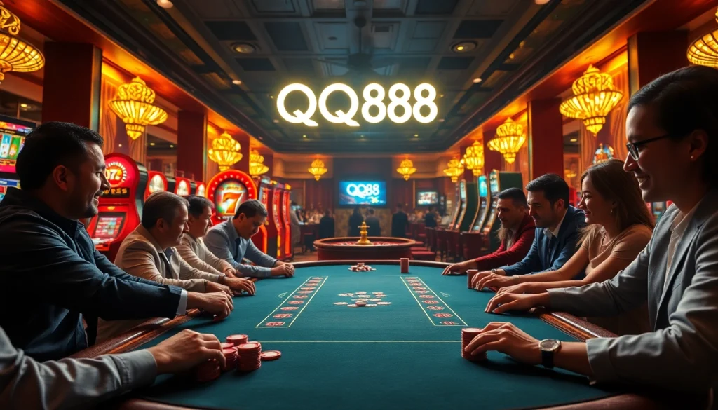 Players enjoying an exciting game at the QQ88 casino poker table with vibrant decor.