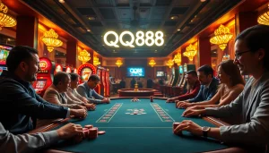 Players enjoying an exciting game at the QQ88 casino poker table with vibrant decor.
