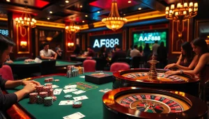 Experience the thrill of AF88 gaming with vibrant poker chips and cards on a luxurious casino table.