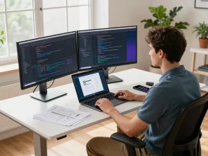 开发者在现代办公室编写代码，展示谷歌浏览器的速度和功能。