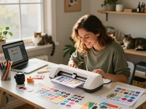 Crafting with SVG for cricut in a cozy home studio, colorful designs and cat nearby.