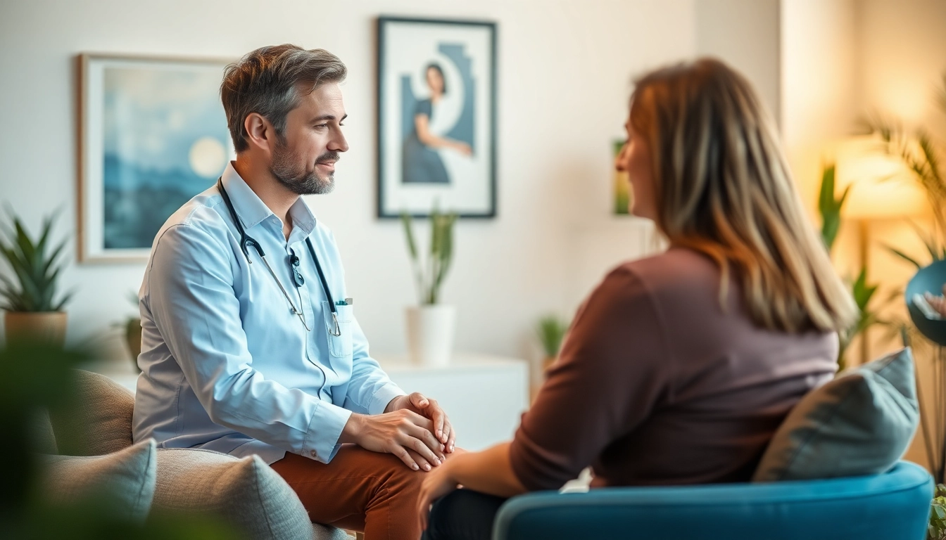 An anxiety symptoms focused therapy session between a therapist and client in a calming environment.