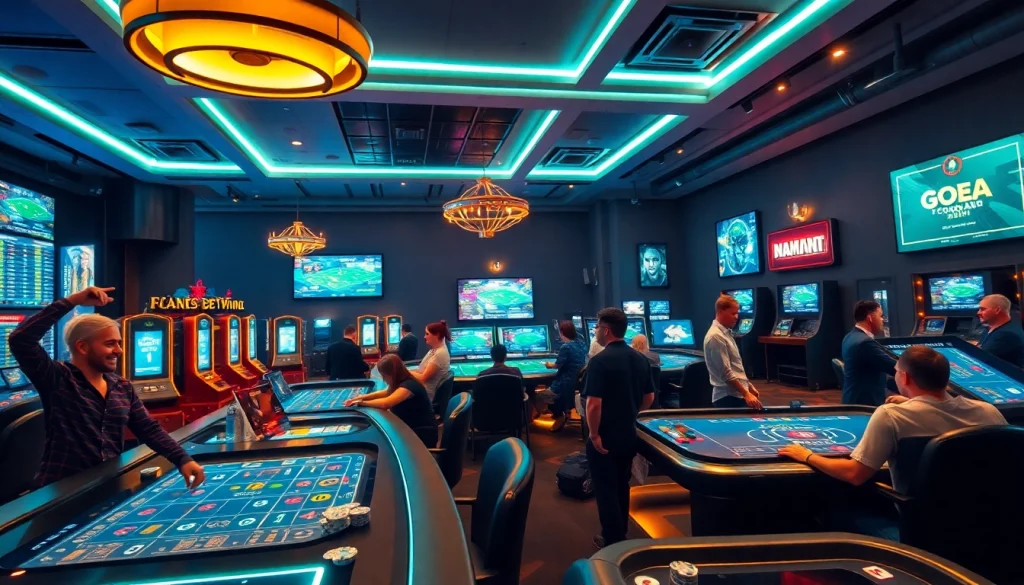 Engaging scene of nhà cái 77win online gaming environment with vibrant players and dynamic betting.