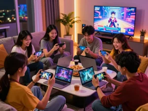 Friends having fun playing xxx games in a vibrant gaming setup.