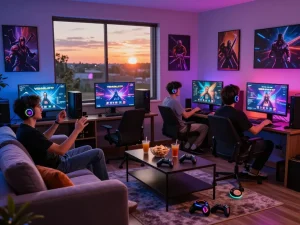 Players enjoying VEGASSLOT77 games in a vibrant gaming room.