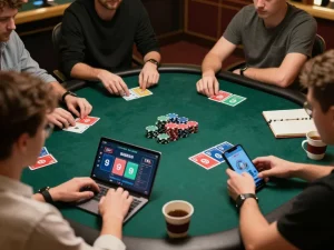 Strategic players engage in online poker at Super 222, showcasing a vibrant gaming scene with colorful cards and chips.