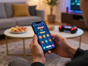 Engaging mobile gaming experience with the RIKVIP app displayed on a phone, cozy home environment