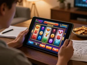 Engaged player enjoying online slot games at home using 98win vin tablet.